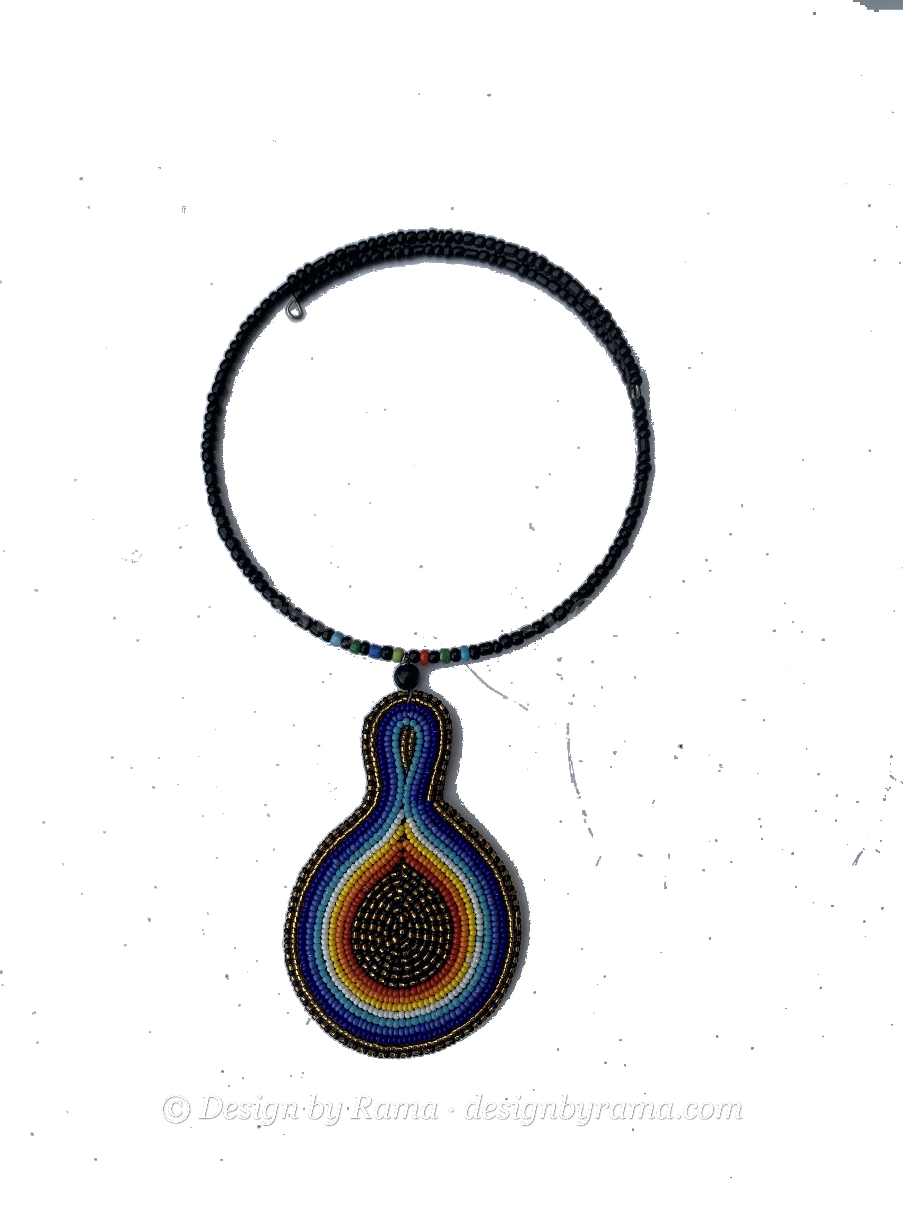 Chereponi Teardrop Collar — handmade black, blue, orange, teardrop beaded statement necklace by Rama, Ghana glass beads, Duncan BC