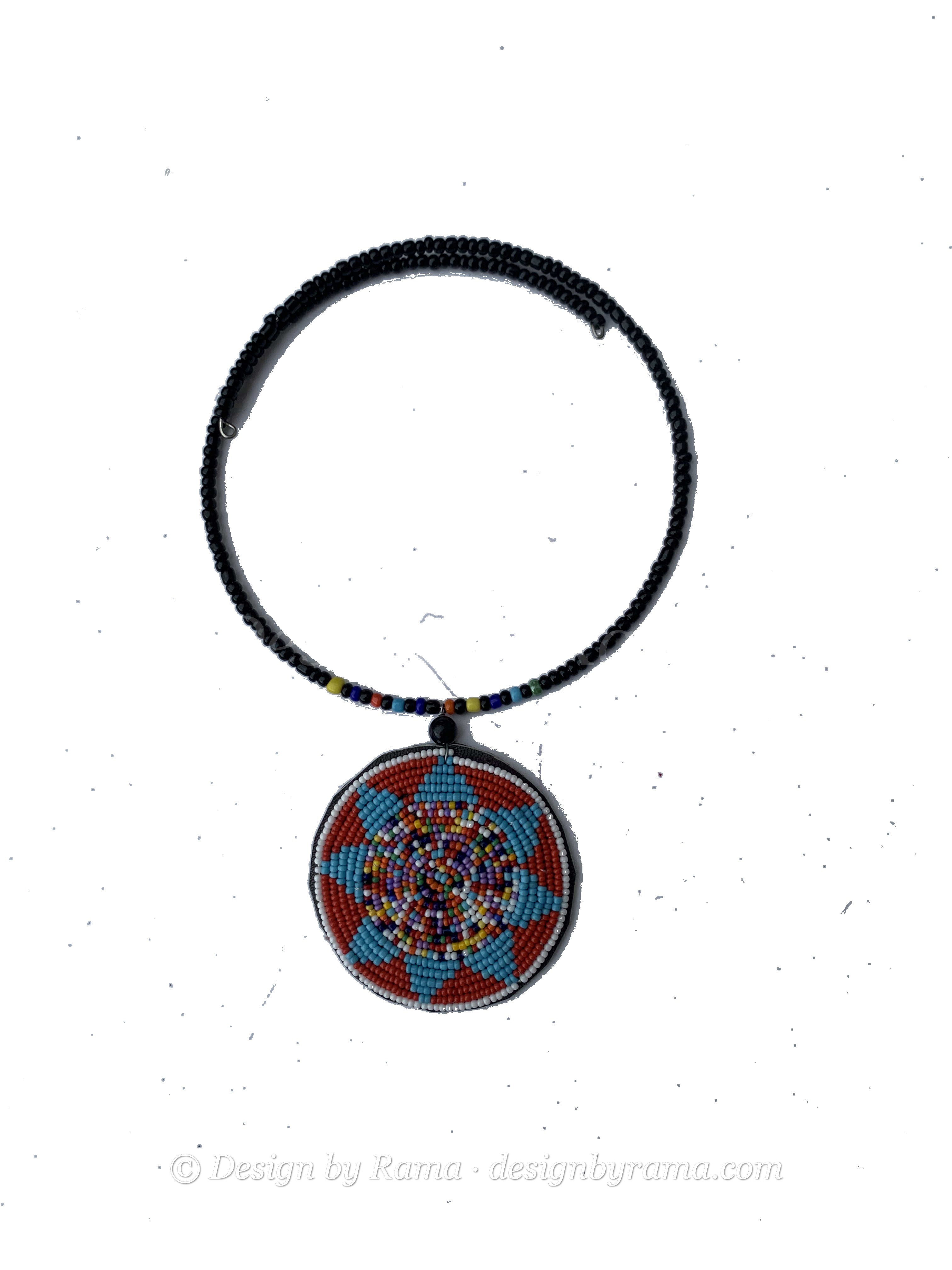 Tumu Mandala Collar — handmade black, orange, blue, mandala beaded statement necklace by Rama, Ghana glass beads, Duncan BC