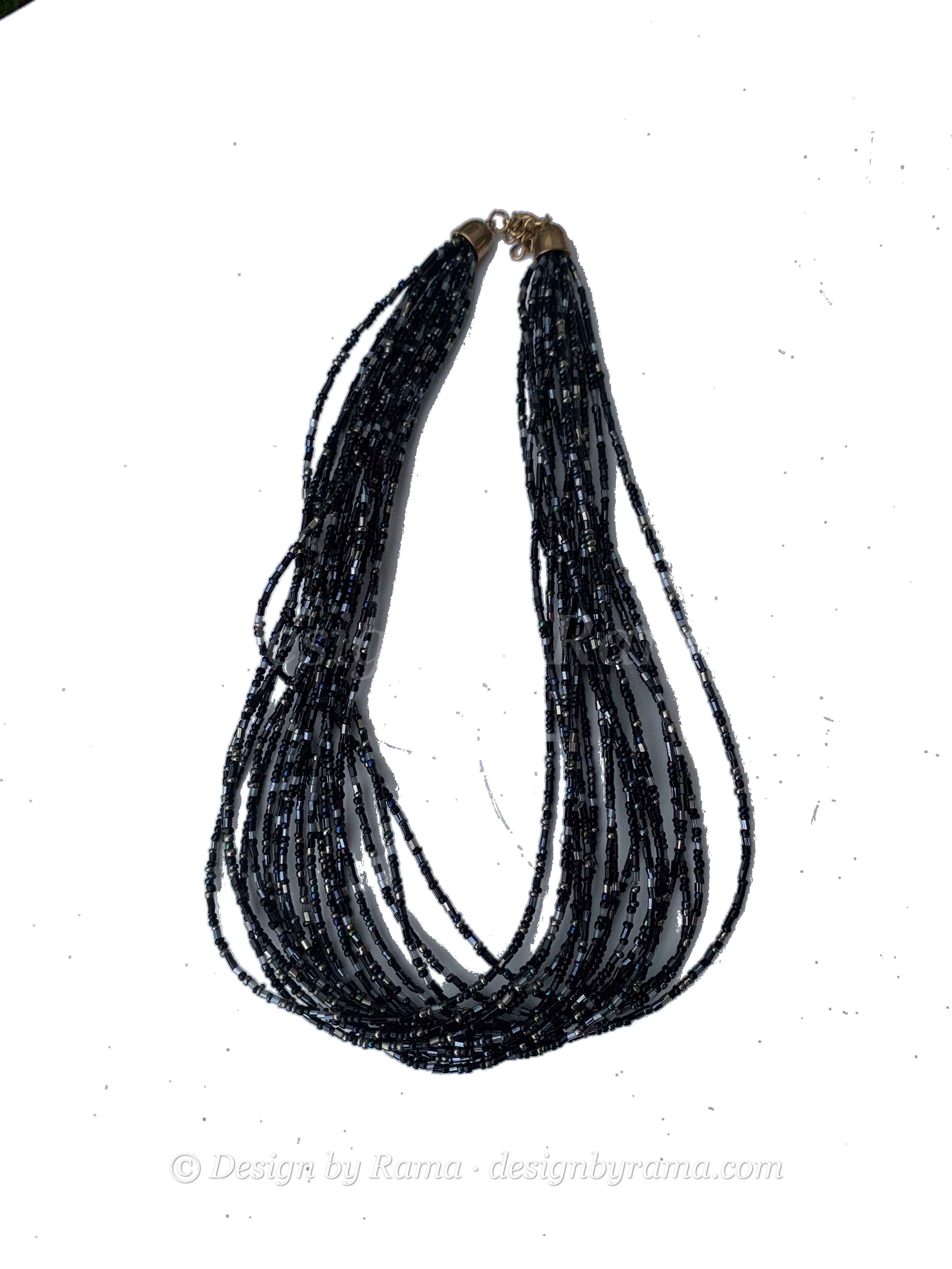 Sawla Smoke Strands — handmade black, grey, smoke beaded multi-strand necklace by Rama, Ghana glass beads, Duncan BC
