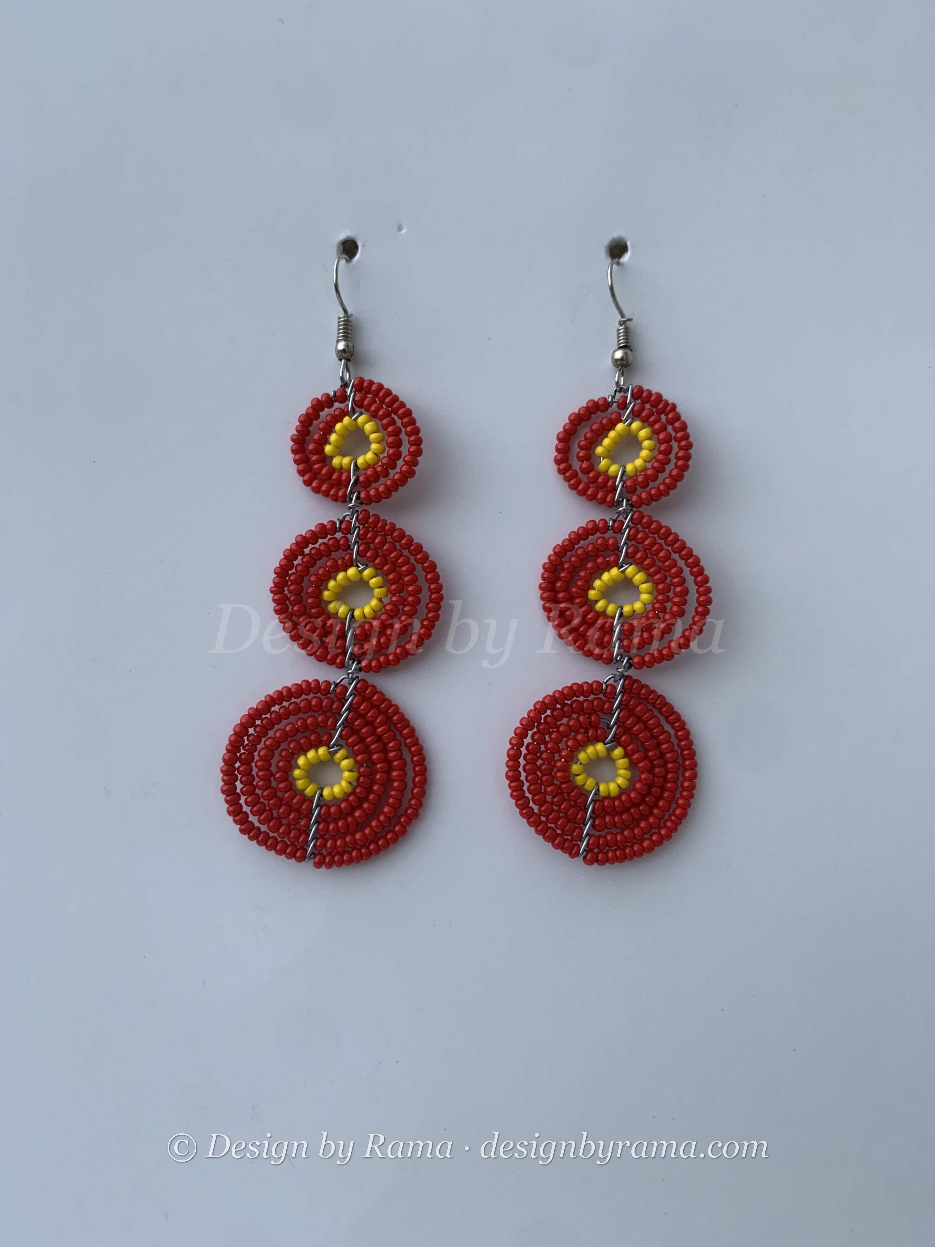 Adawso Ruby Discs — handmade red, gold beaded maasai earrings by Rama, Ghana glass beads, Duncan BC