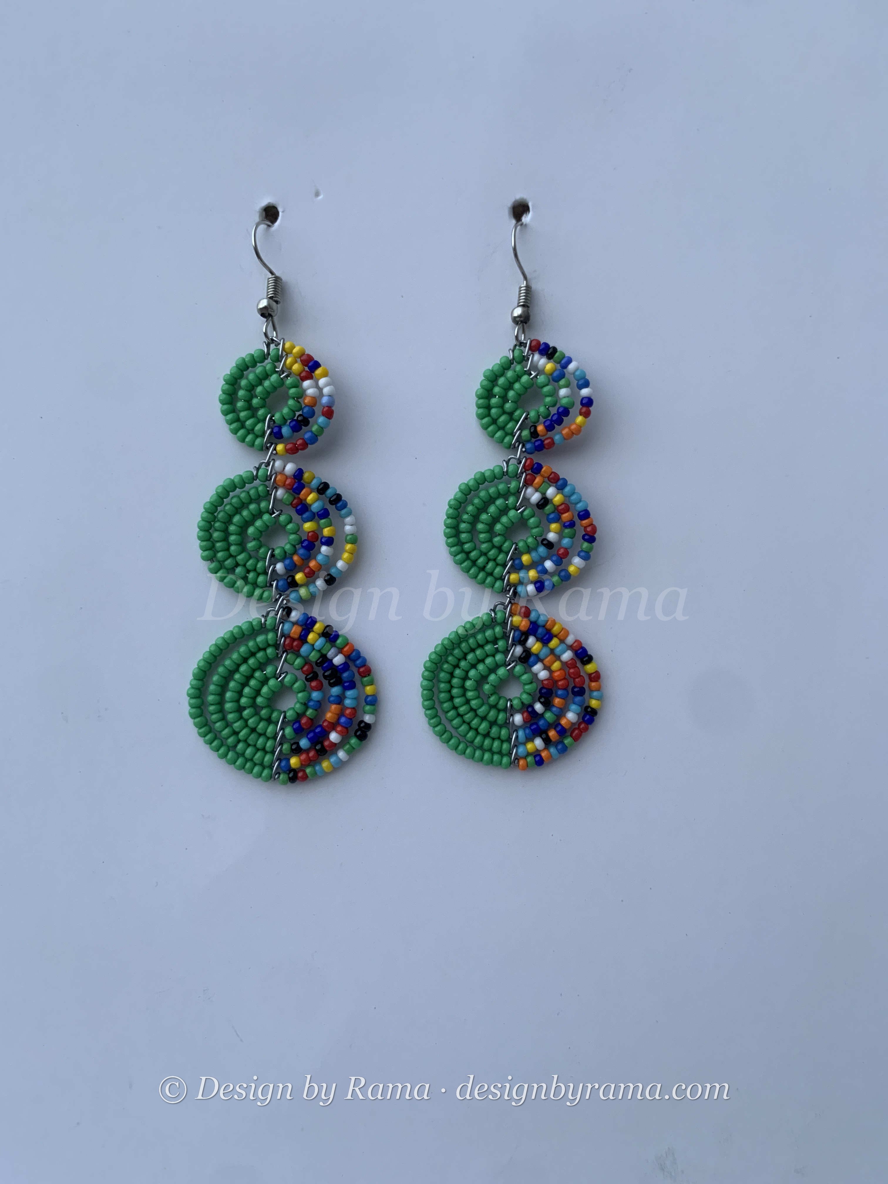 Kade Meadow Discs — handmade green, blue, multicolor beaded maasai earrings by Rama, Ghana glass beads, Duncan BC