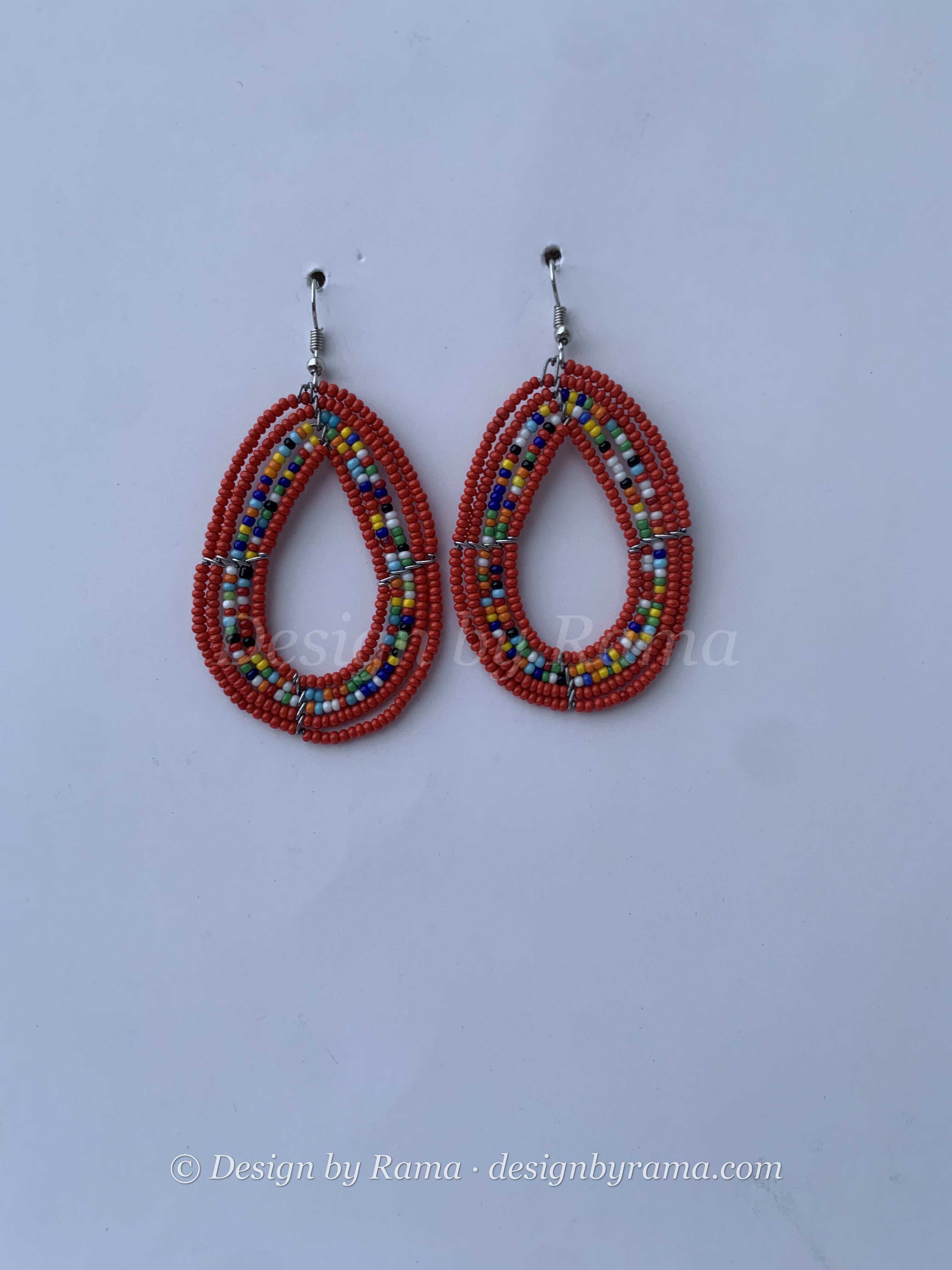 Kibi Scarlet Hoops — handmade red, multicolor beaded maasai hoop earrings by Rama, Ghana glass beads, Duncan BC
