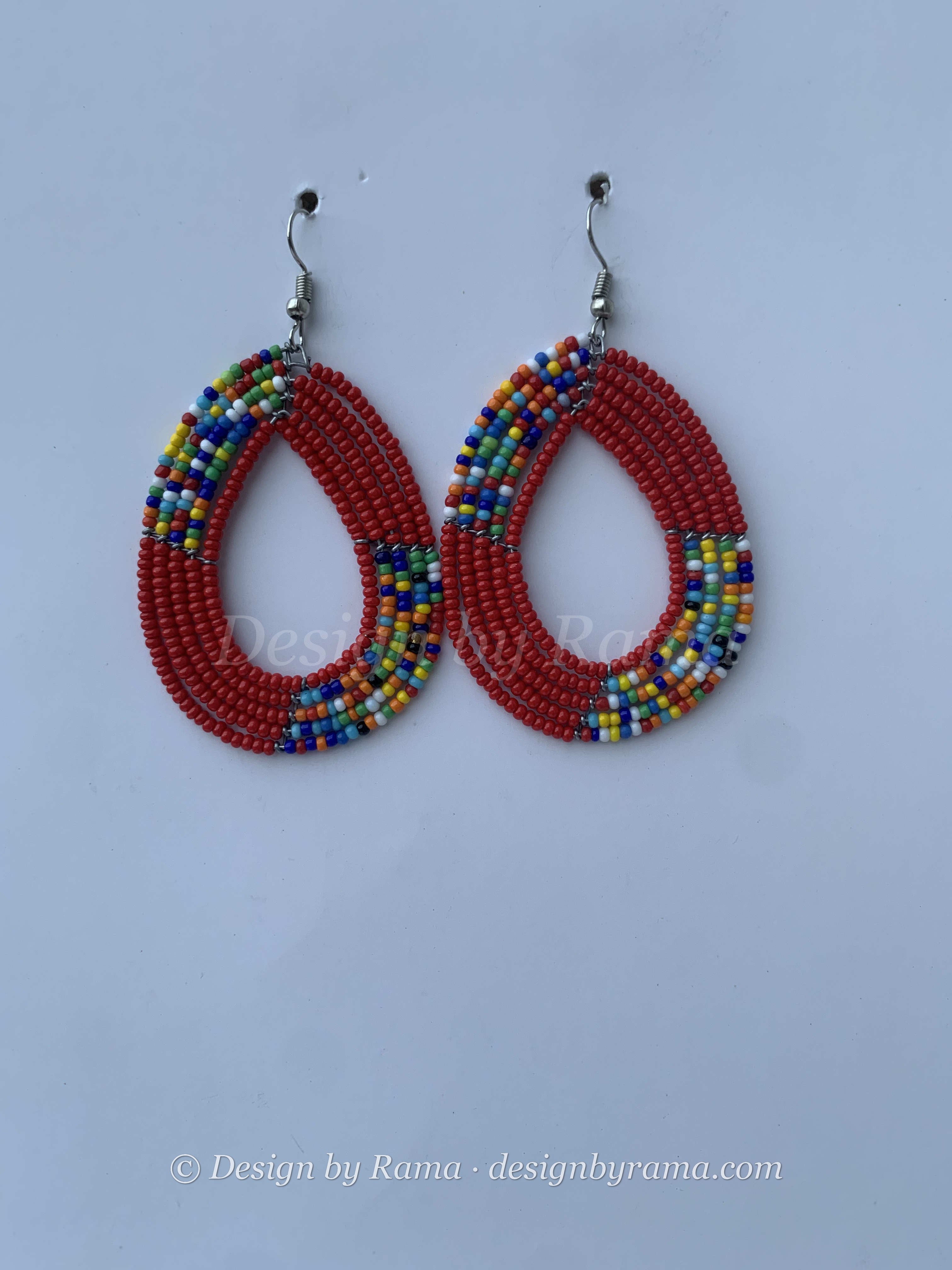 Kyebi Crimson Hoops — handmade red, multicolor beaded maasai hoop earrings by Rama, Ghana glass beads, Duncan BC