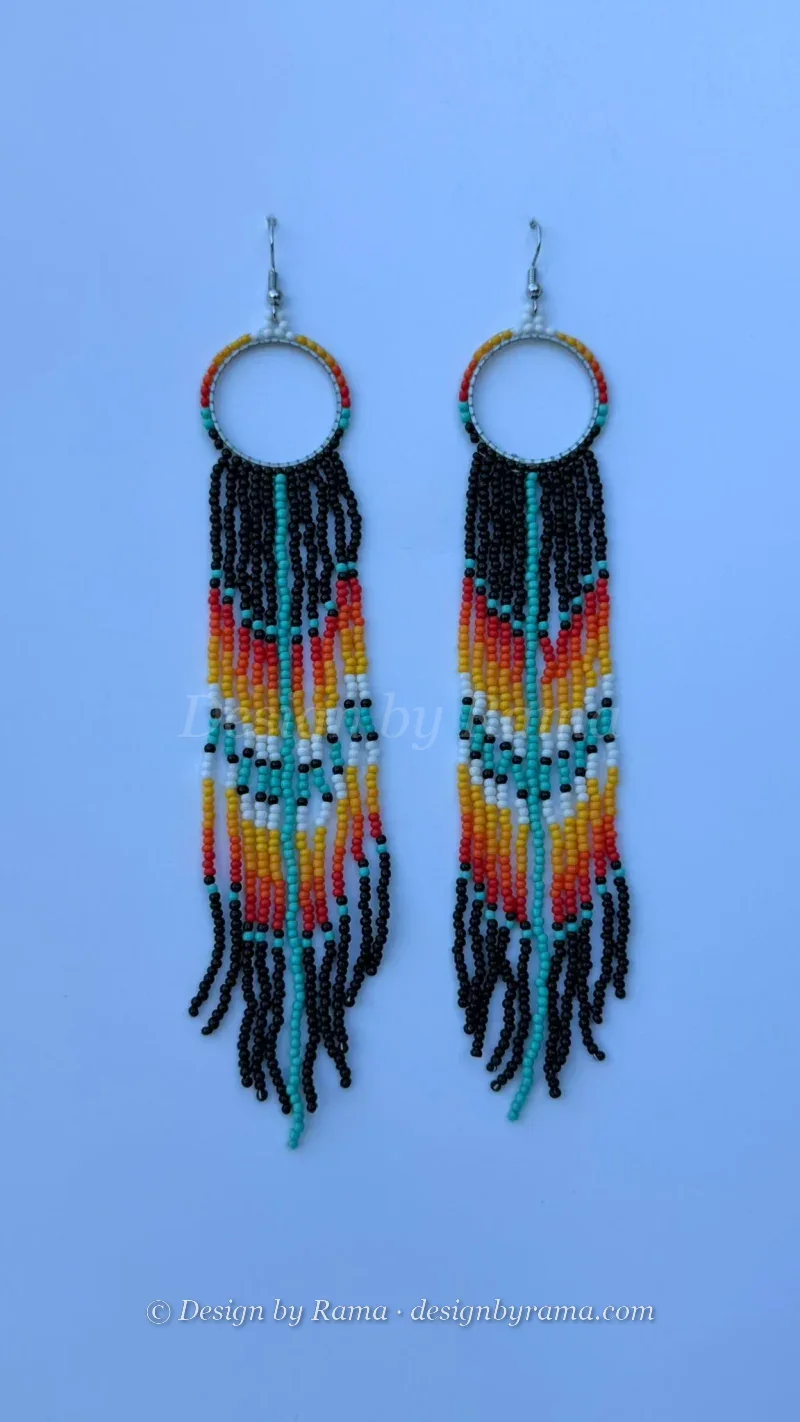 Accra Teal Cascade — handmade white beaded fringe, teal, red, yellow beaded drop earrings by Rama, Ghana glass beads, Duncan BC