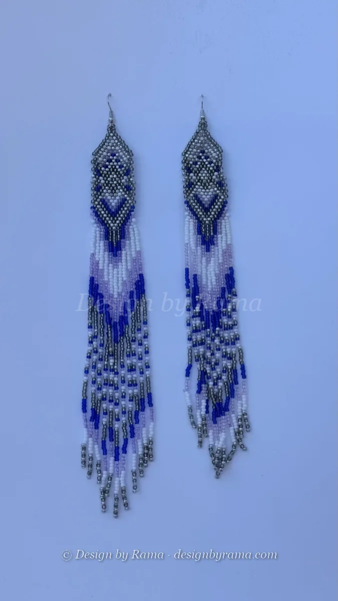 Accra Indigo Fringe — handmade deep indigo, pale lilac, silver grey, white beaded fringe earrings by Rama, Ghana glass beads, Duncan BC