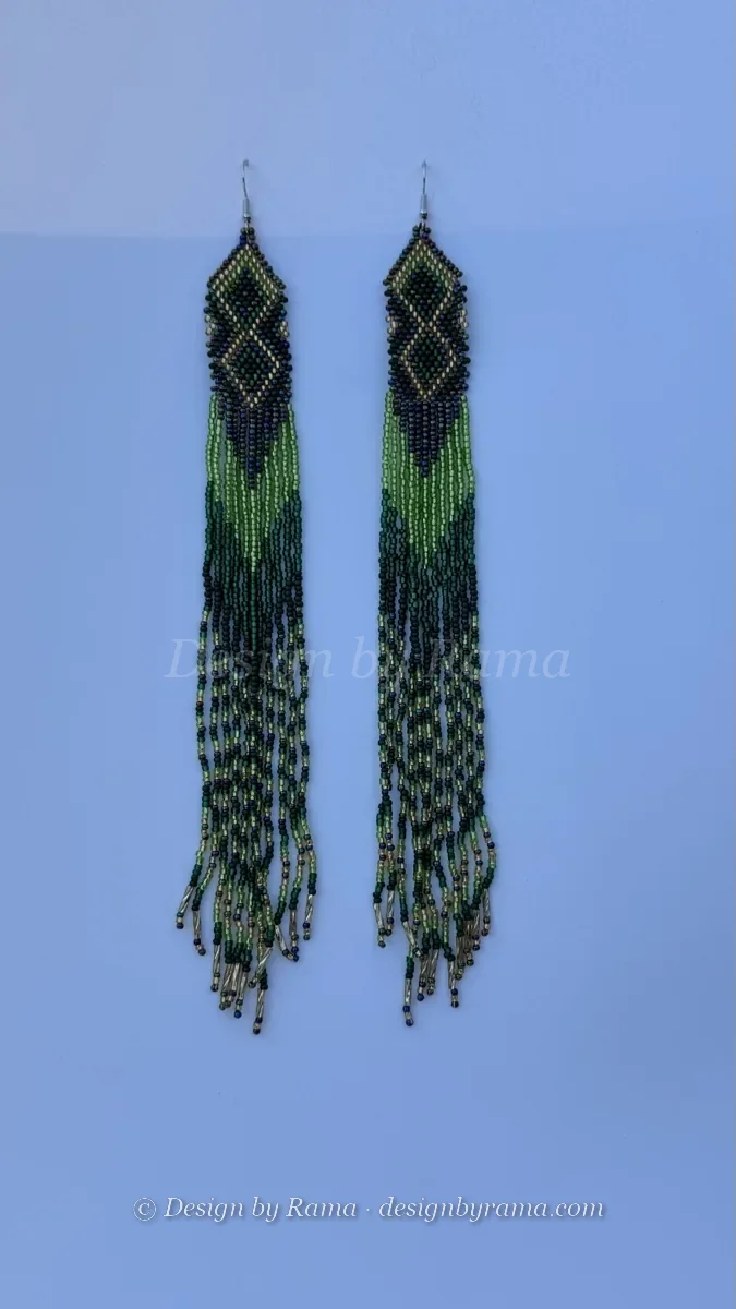 Volta Forest Diamond — handmade deep green, black, white beaded fringe earrings by Rama, Ghana glass beads, Duncan BC