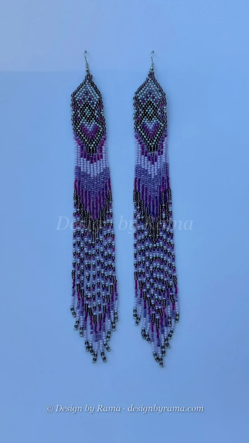 Kumasi Purple Fringe — handmade deep purple, black, light purple, silver beaded earrings by Rama, Ghana glass beads, Duncan BC