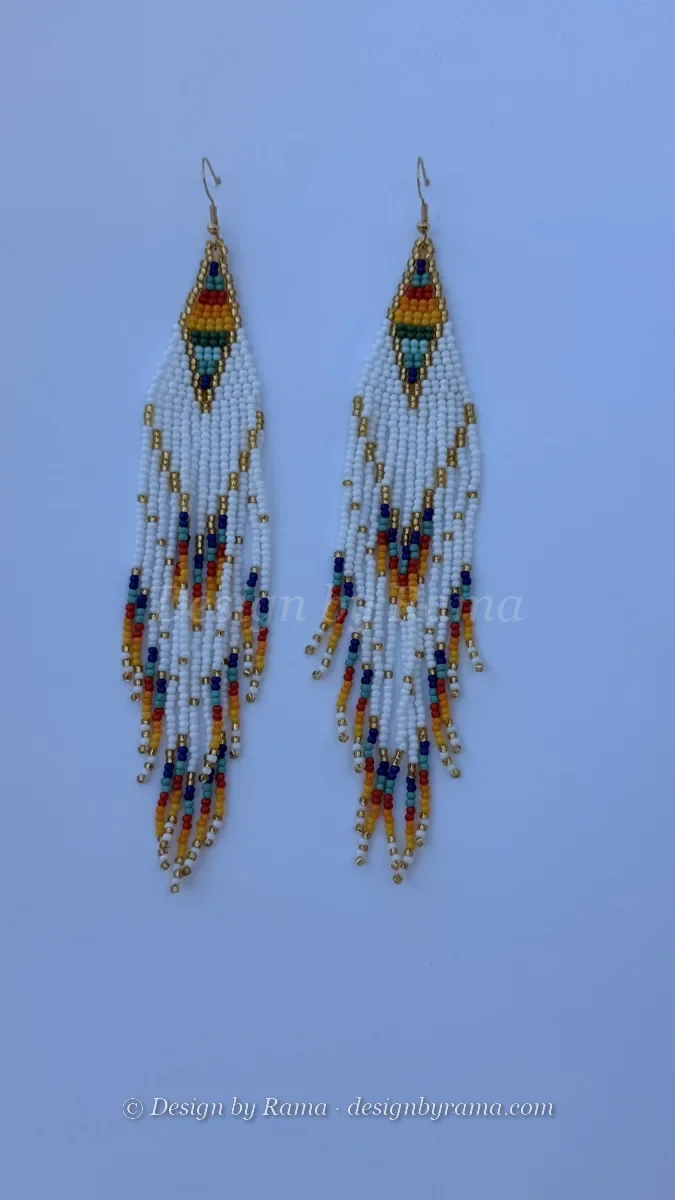 Accra White Fringe — handmade white and gold, blue, red, orange, green beaded earrings by Rama, Ghana glass beads, Duncan BC