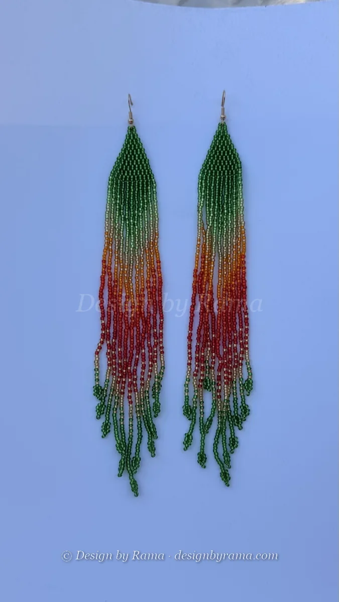 Volta Green Fade — handmade emerald green, orange, red beaded fringe earrings by Rama, Ghana glass beads, Duncan BC