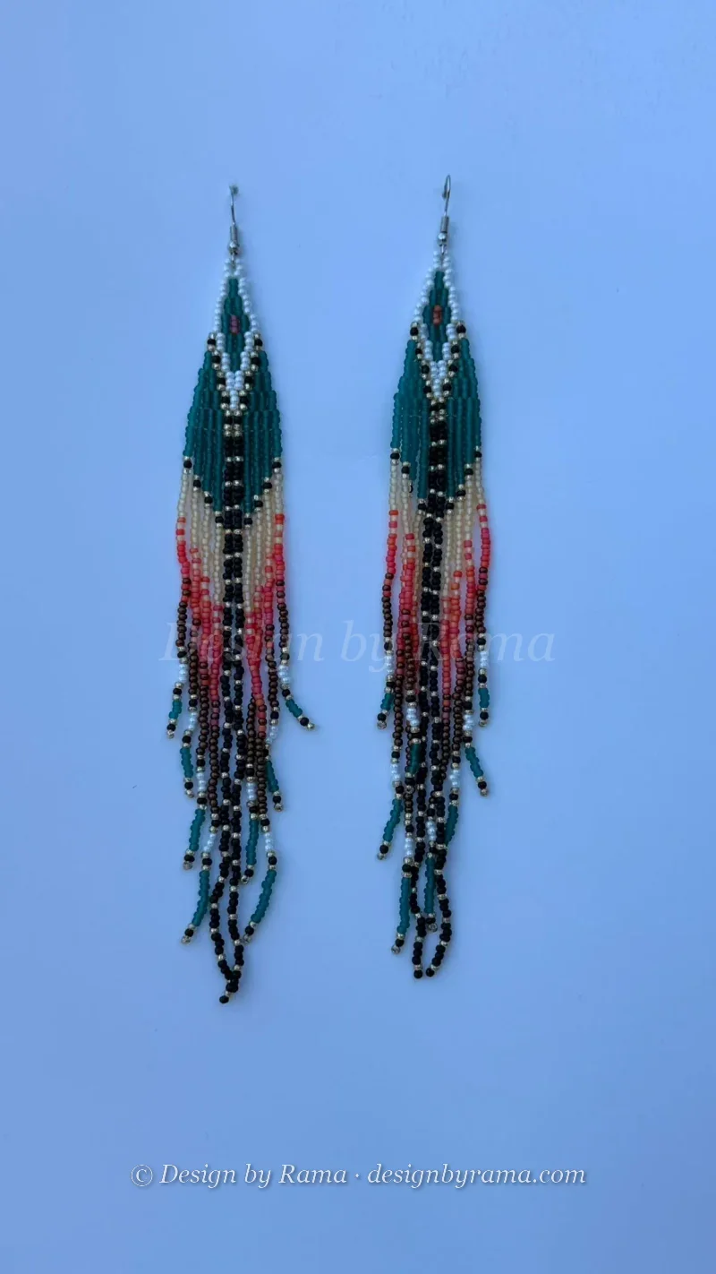 Volta Chevron Fringe — handmade teal green, black, coral, ivory beaded earrings by Rama, Ghana glass beads, Duncan BC