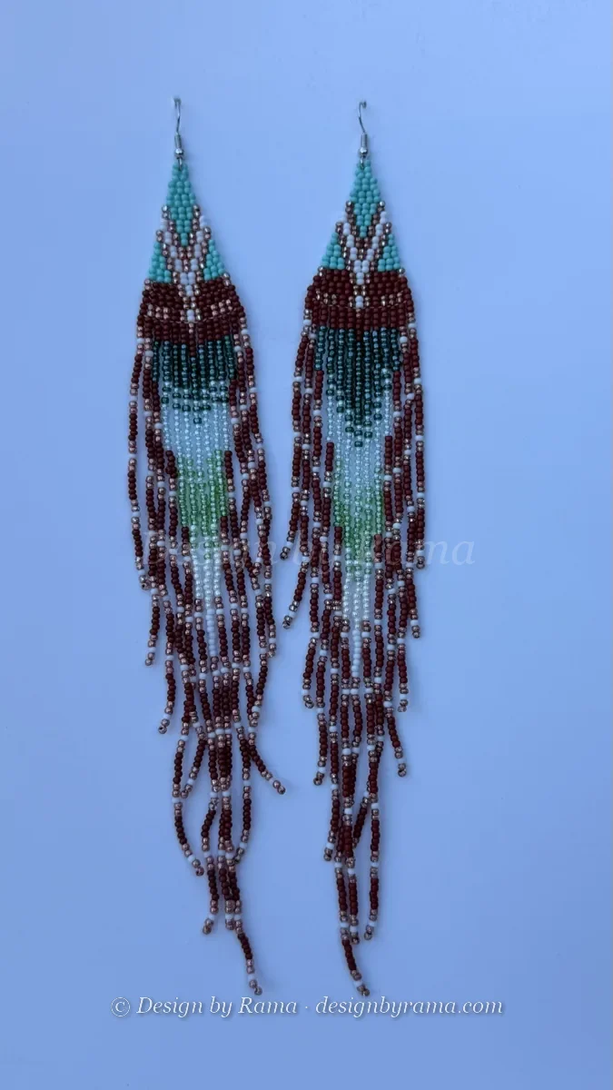 Volta Lime Cascade — handmade teal gradient, burgundy, white, lime green beaded earrings by Rama, Ghana glass beads, Duncan BC