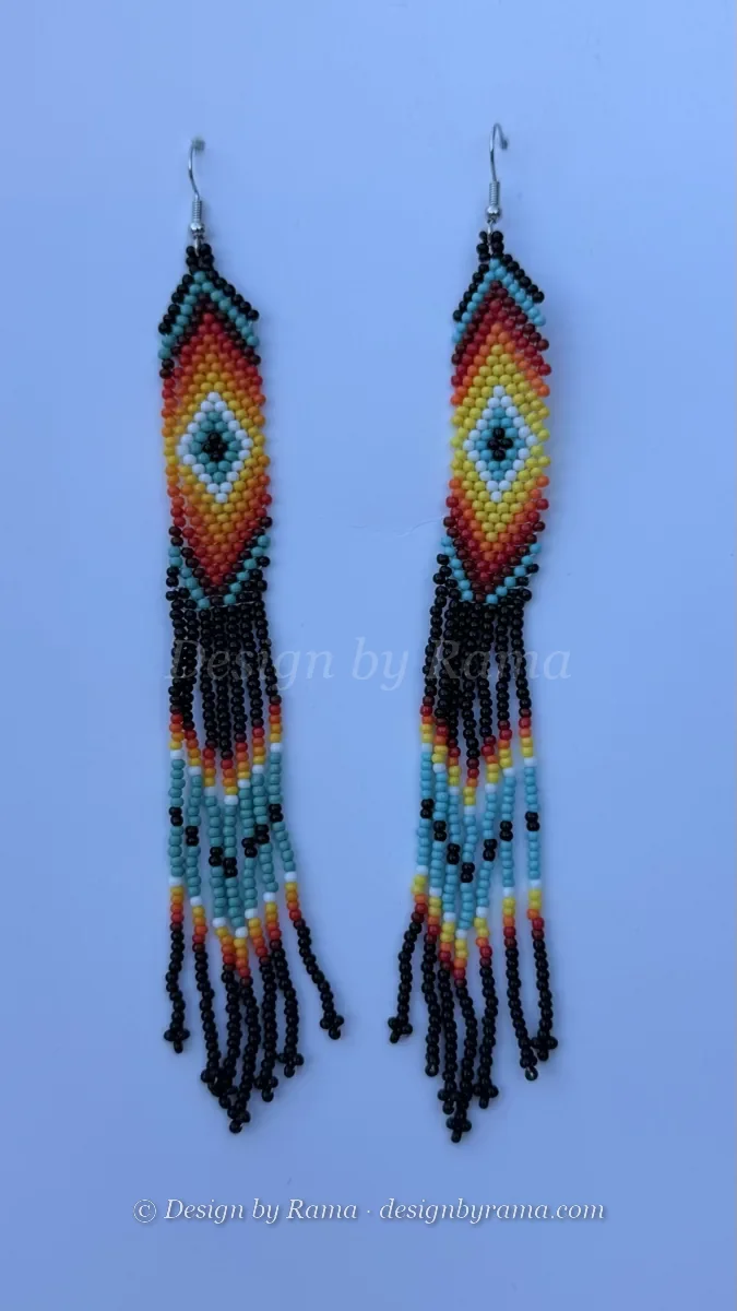 Accra Turquoise Fringe — handmade turquoise geometric, black, orange, yellow, white beaded earrings by Rama, Ghana glass beads, Duncan BC