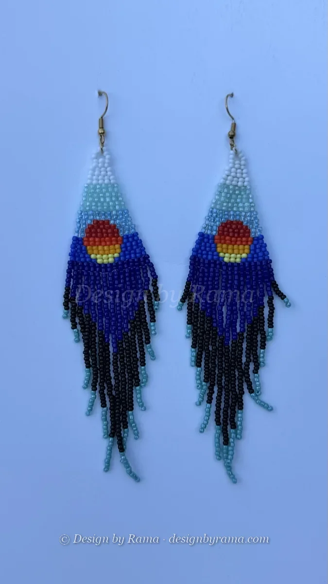 Volta Sunrise Fringe — handmade deep blue, white, teal, orange, black beaded earrings by Rama, Ghana glass beads, Duncan BC
