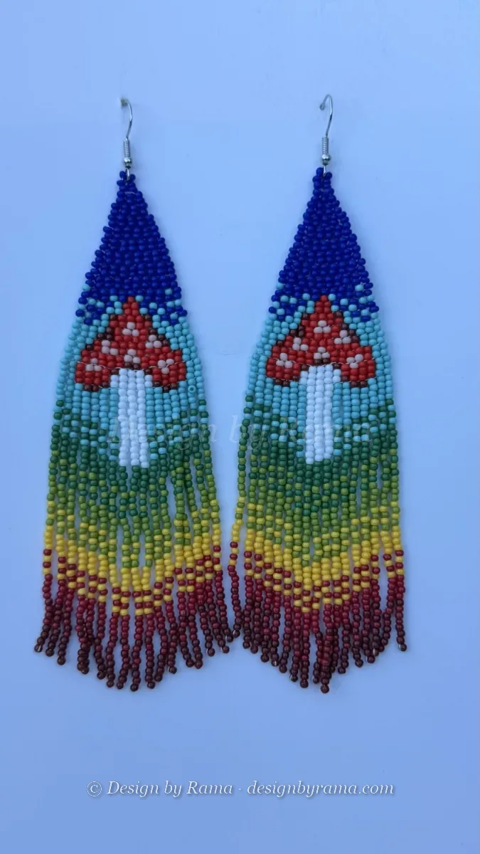 Aburi Mushroom Fringe — handmade navy blue, red, white, teal, green, yellow, maroon beaded earrings by Rama, Ghana glass beads, Duncan BC