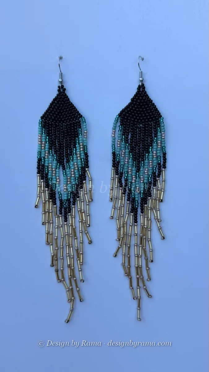 Elmina Teal Fringe — handmade black beadwork, teal accents, gold fringe beaded fringe earrings by Rama, Ghana glass beads, Duncan BC