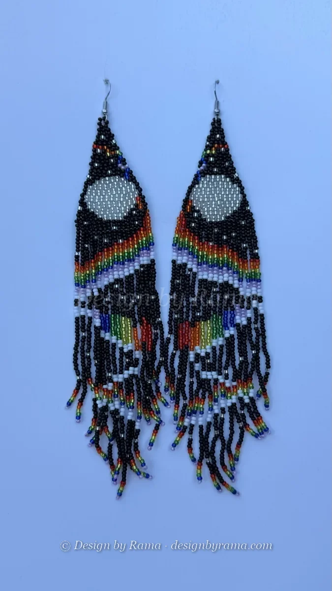 Kumasi Rainbow Fringe — handmade black beaded, rainbow spectrum, white accents beaded earrings by Rama, Ghana glass beads, Duncan BC