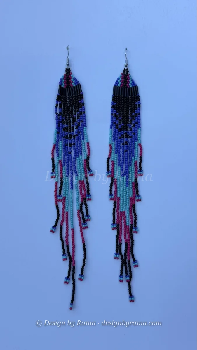 Accra Tide Fringe — handmade black bead fringe, navy blue, turquoise, magenta beaded fringe earrings by Rama, Ghana glass beads, Duncan BC