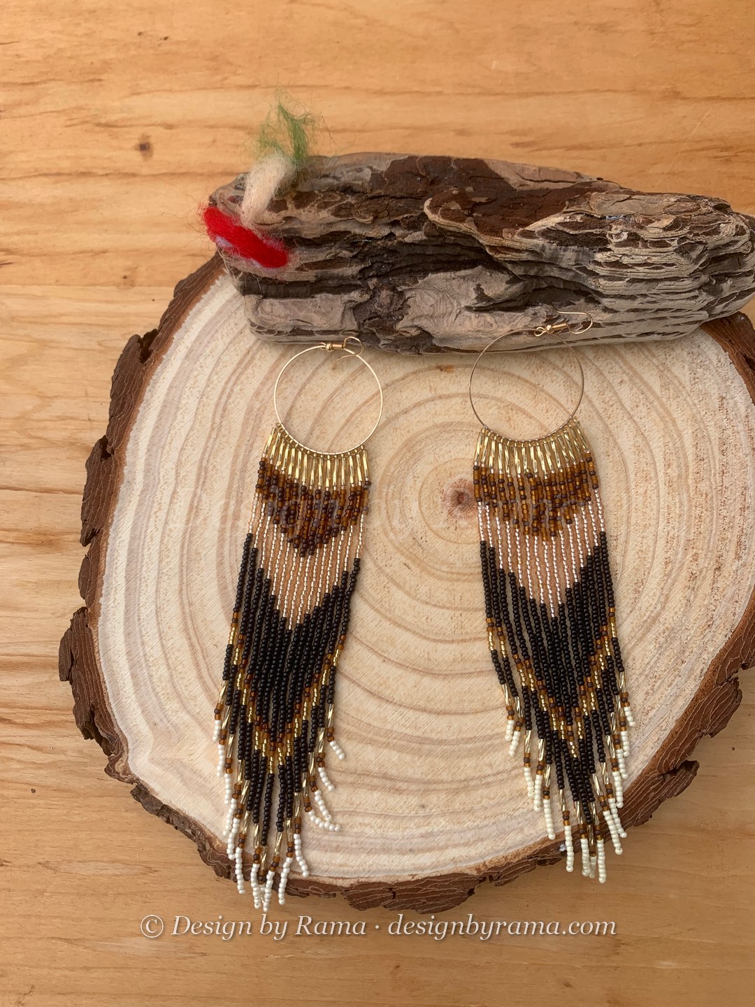 Abetifi Halo Fringe — handmade gold, black, cream beaded fringe earrings by Rama, Ghana glass beads, Duncan BC