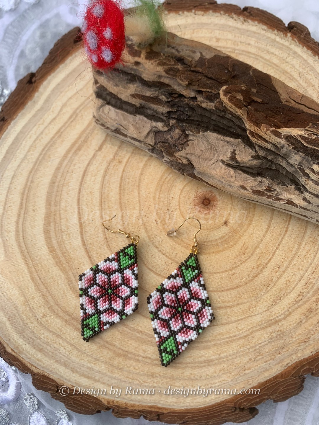 Abor Blossom Diamonds — handmade pink, white, green, black beaded earrings by Rama, Ghana glass beads, Duncan BC