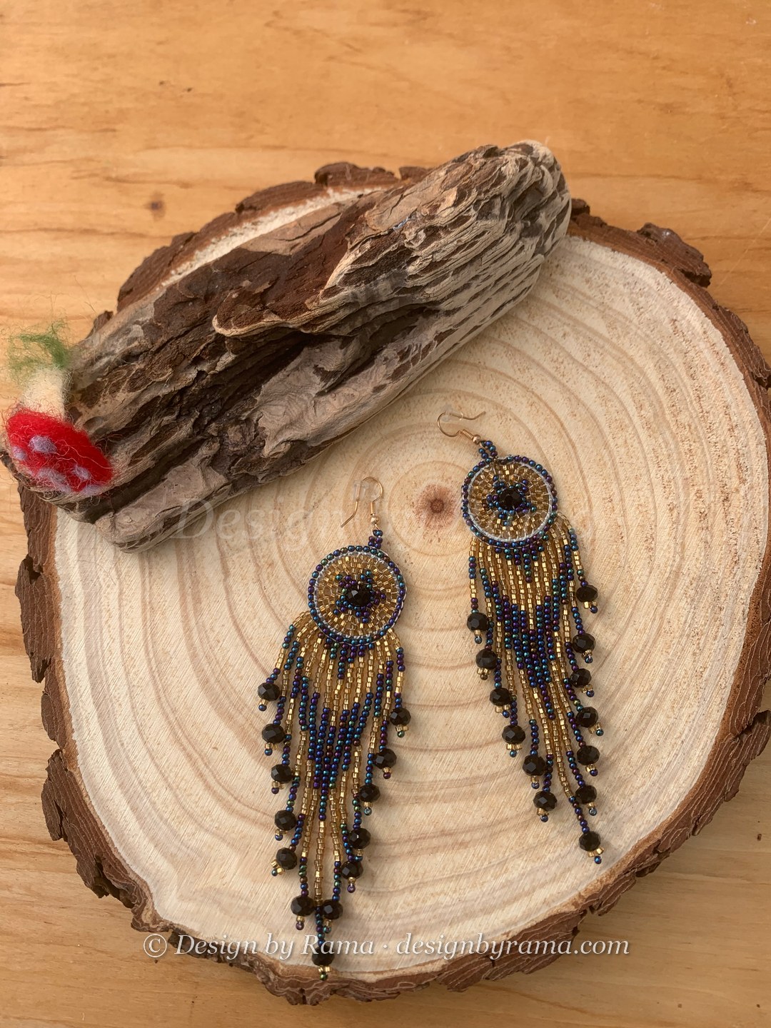 Adidome Star Dreamcatcher — handmade navy blue, gold, black beaded fringe earrings by Rama, Ghana glass beads, Duncan BC