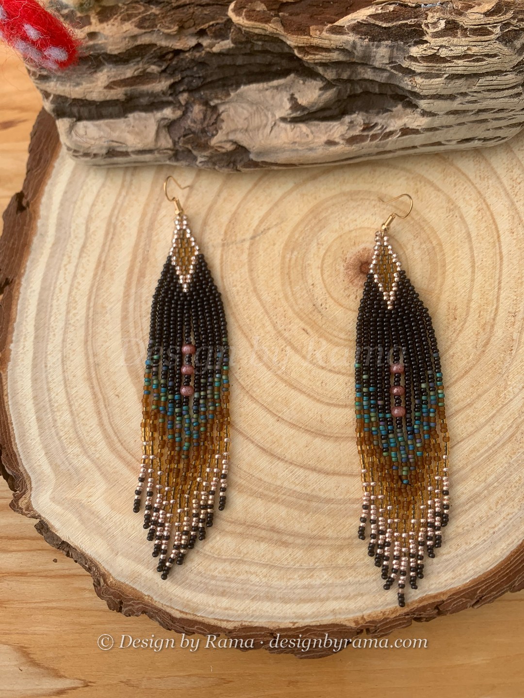 Aflao Diamond Fringe — handmade black, gold, teal, brown beaded long earrings by Rama, Ghana glass beads, Duncan BC