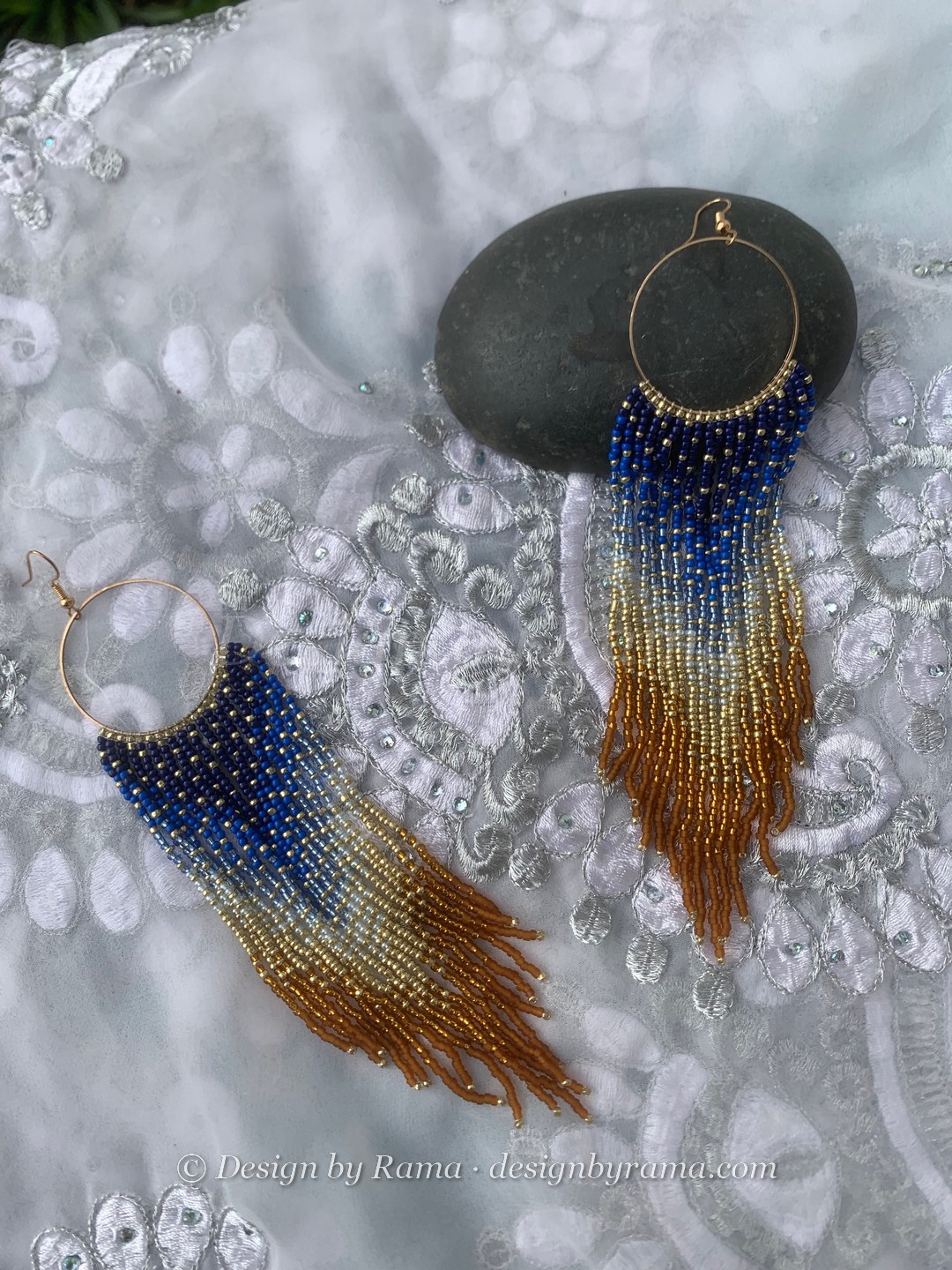 Akatsi Midnight Gold Hoops — handmade navy blue, gold, bronze beaded hoop earrings by Rama, Ghana glass beads, Duncan BC