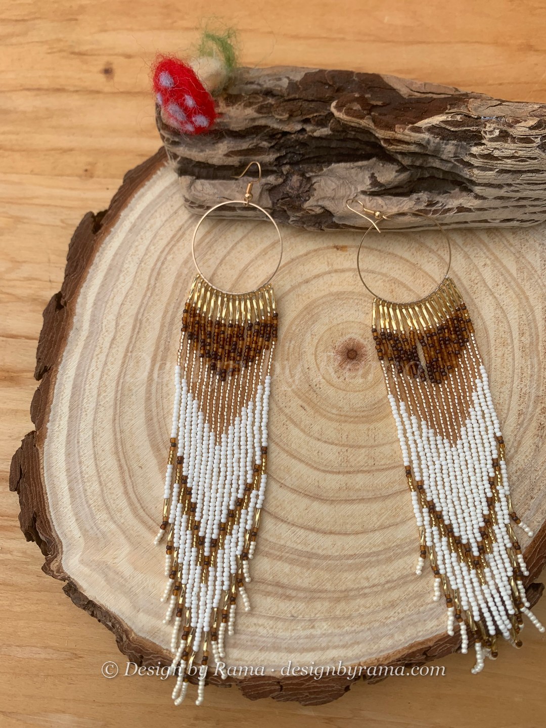 Akuse Ivory Arrow Hoops — handmade ivory white, brown, gold beaded hoop earrings by Rama, Ghana glass beads, Duncan BC