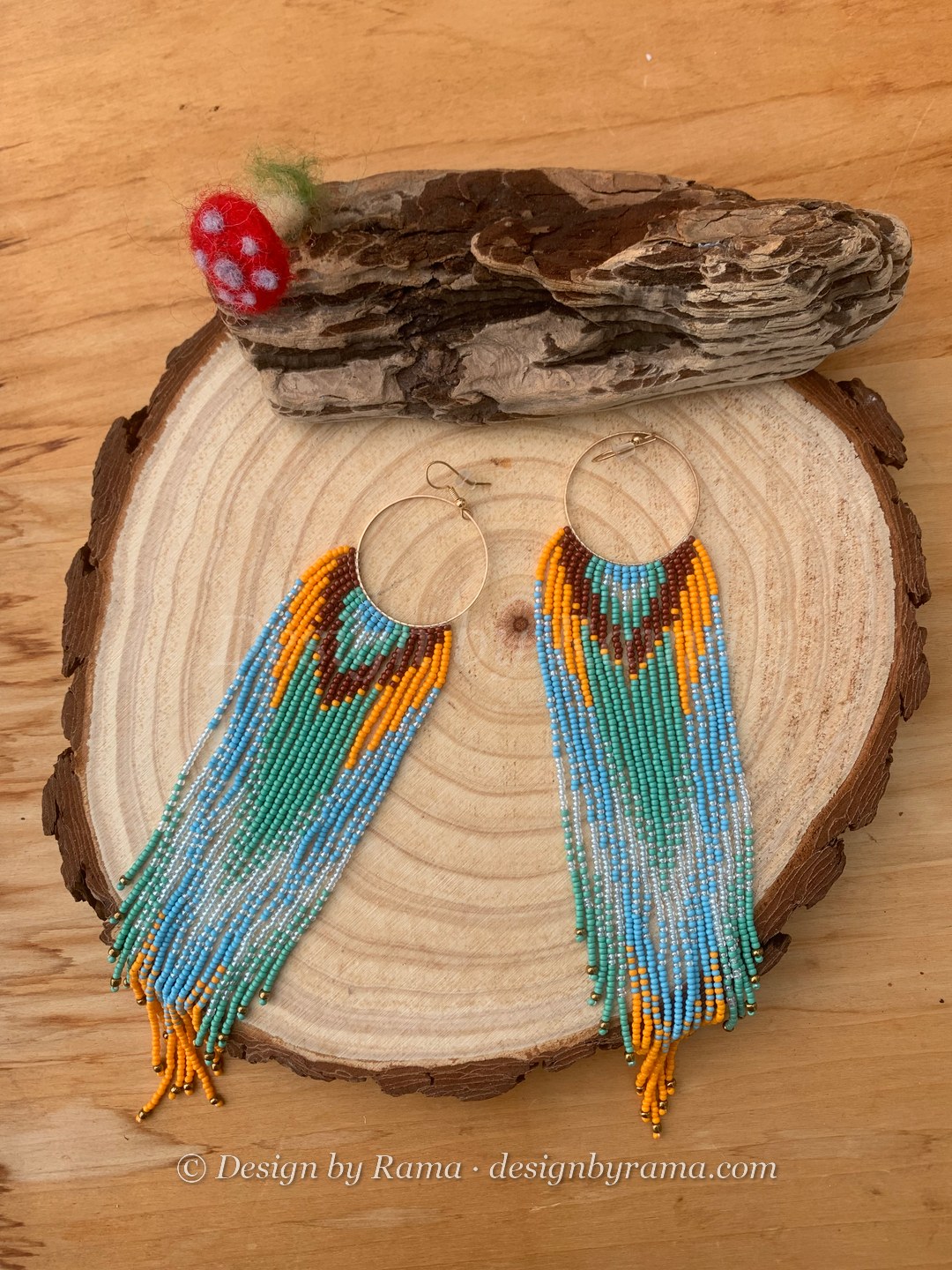 Amedzofe Sky Fringe — handmade light blue, teal, orange, brown beaded hoop earrings by Rama, Ghana glass beads, Duncan BC