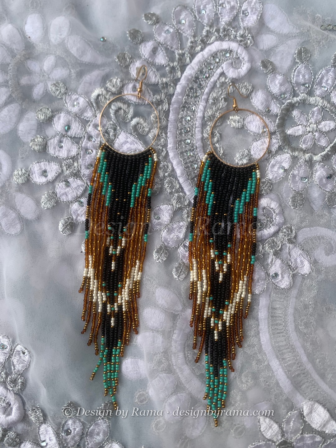 Anyako Mocha Teal Hoops — handmade brown, black, teal, cream beaded hoop earrings by Rama, Ghana glass beads, Duncan BC