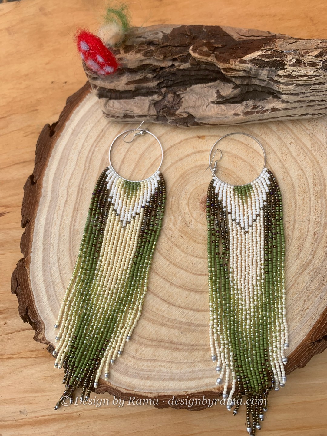 Atimpoku Olive Fringe — handmade olive green, cream, white beaded fringe earrings by Rama, Ghana glass beads, Duncan BC