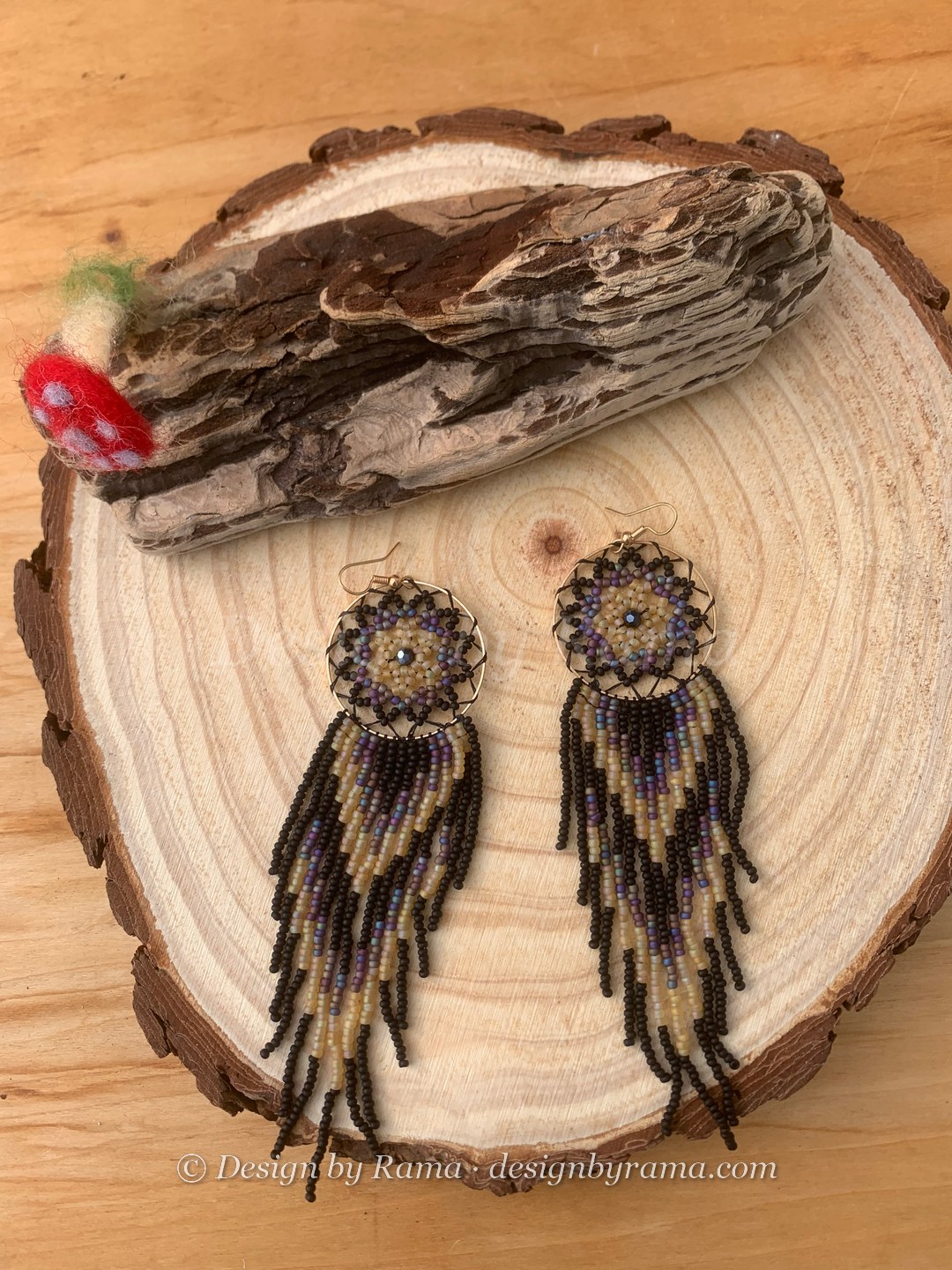 Battor Dusk Dreamcatcher — handmade black, gold, lilac beaded fringe earrings by Rama, Ghana glass beads, Duncan BC