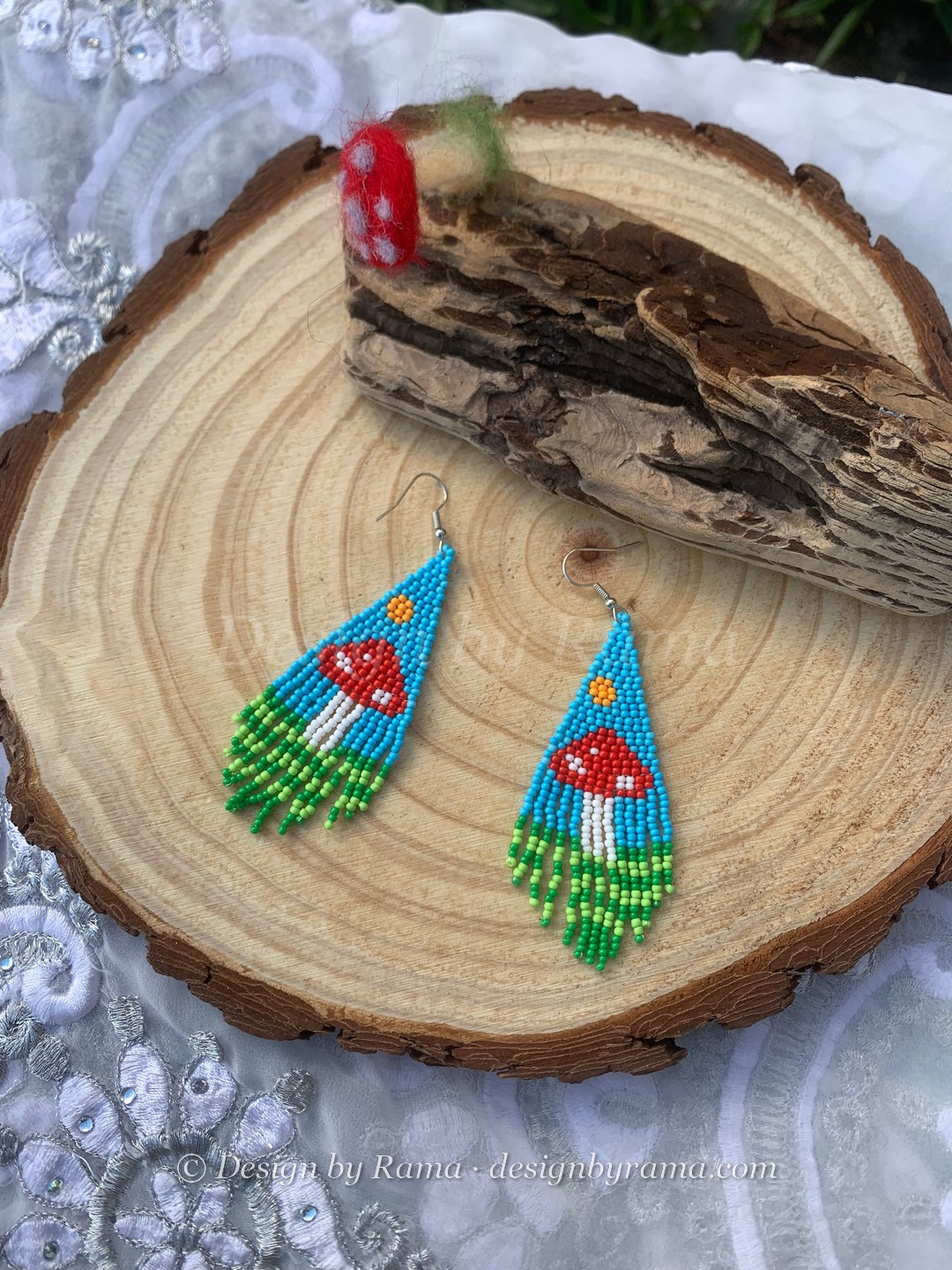 Bongo Toadstool Meadow — handmade sky blue, red, white, green beaded novelty earrings by Rama, Ghana glass beads, Duncan BC