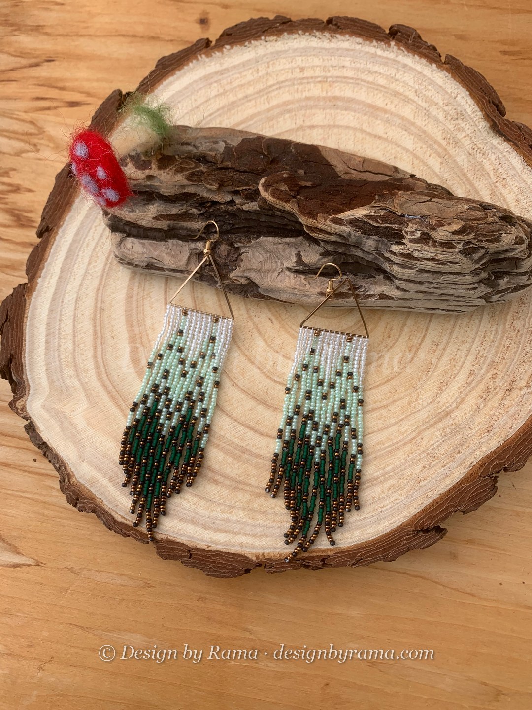 Bunso Pine Fringe — handmade mint, white, forest green beaded fringe earrings by Rama, Ghana glass beads, Duncan BC