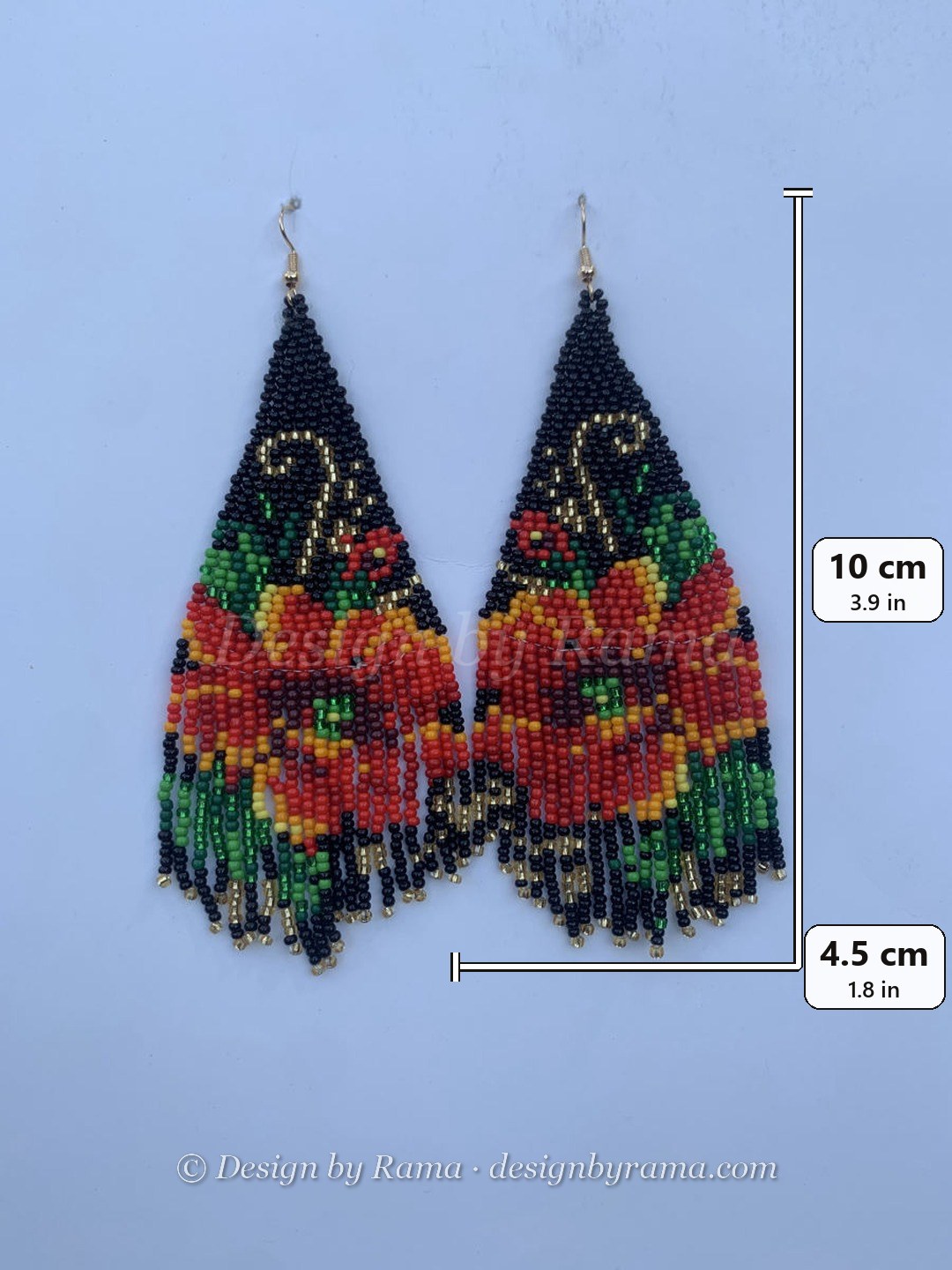Cape Coast Rose Fringe — handmade black, red, rose, green beaded long earrings by Rama, Ghana glass beads, Duncan BC