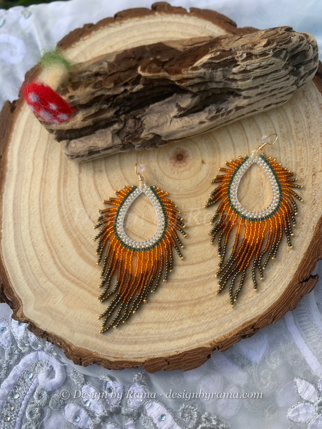 Chiana Amber Plume — handmade amber orange, brown, white beaded earrings by Rama, Ghana glass beads, Duncan BC