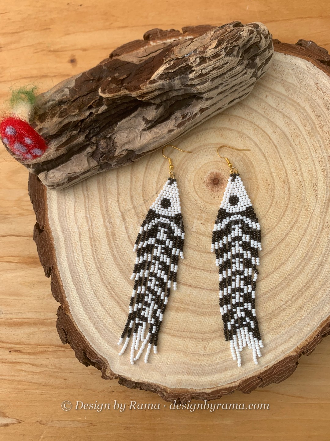 Dzodze Fishbone Fringe — handmade black, white beaded novelty earrings by Rama, Ghana glass beads, Duncan BC