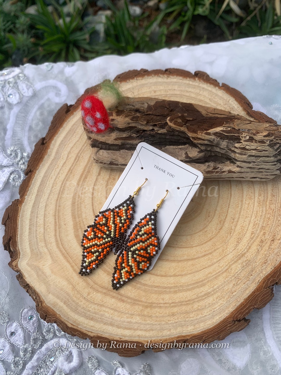 Gambaga Monarch Wings — handmade orange, black, white beaded novelty earrings by Rama, Ghana glass beads, Duncan BC