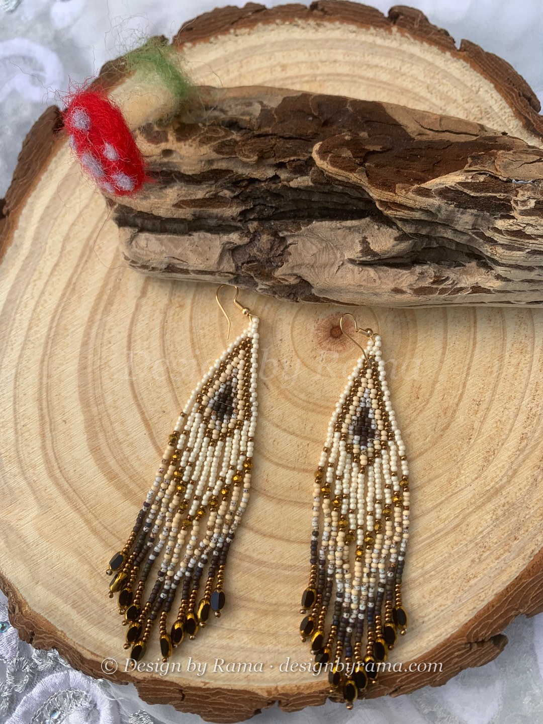 Garu Sand Dune Fringe — handmade cream, brown, gold beaded long earrings by Rama, Ghana glass beads, Duncan BC