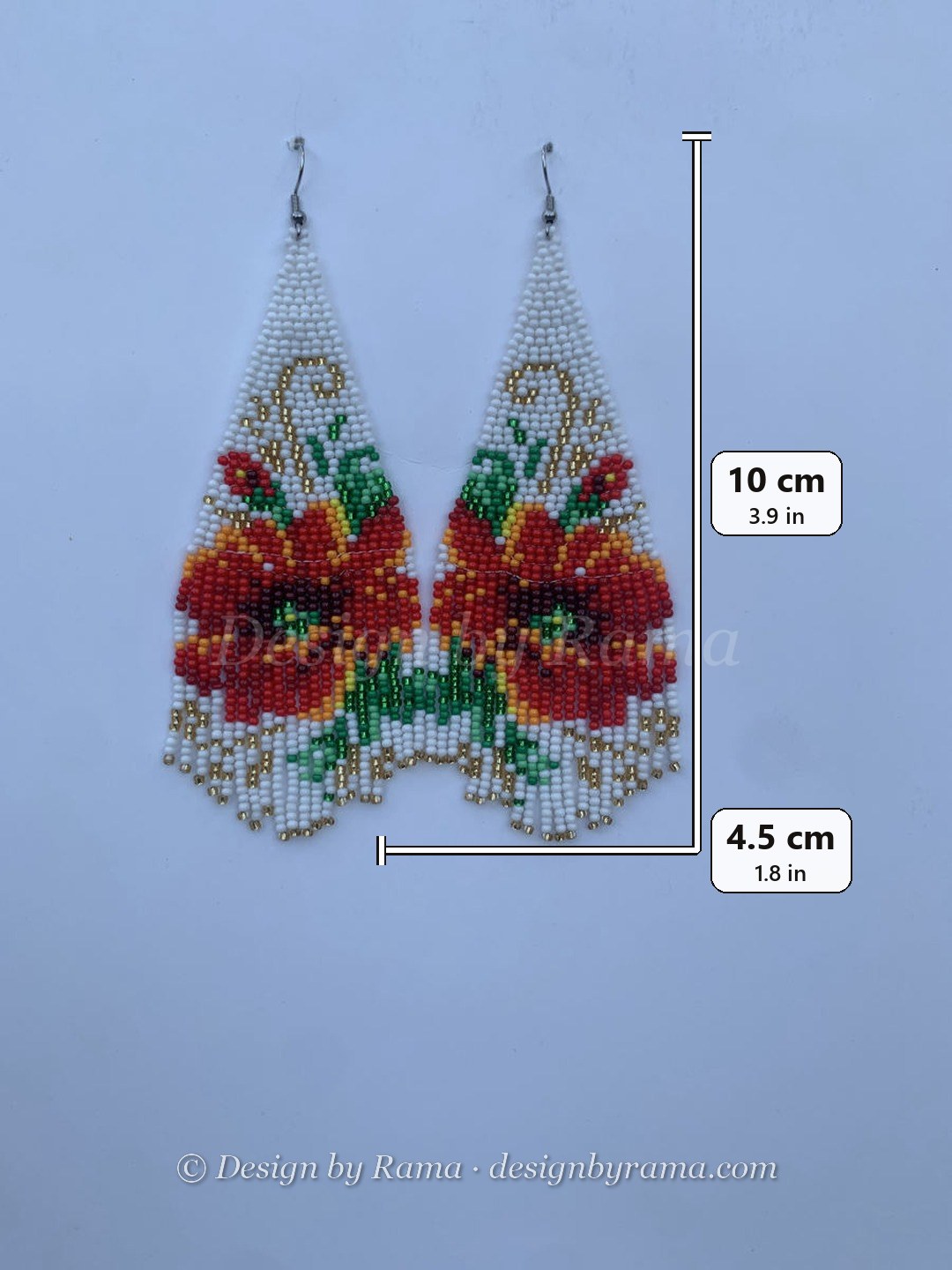 Ho Bloom Fringe — handmade white, gold, red, green beaded long earrings by Rama, Ghana glass beads, Duncan BC