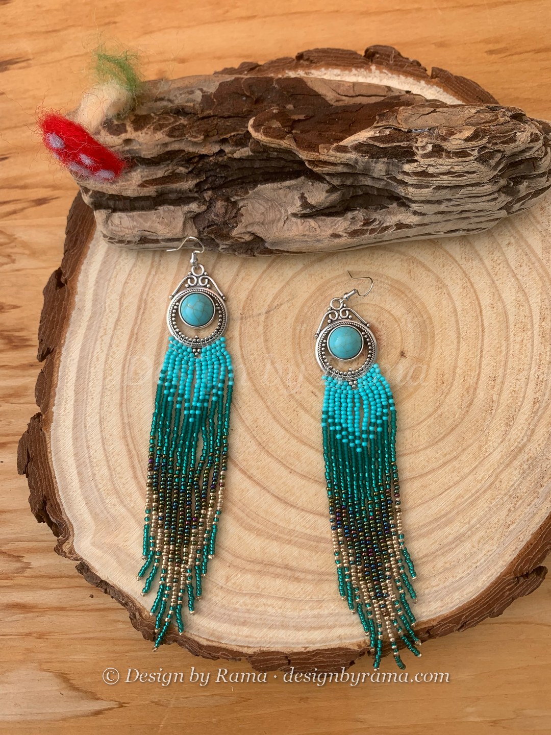 Juapong Turquoise Stone Fringe — handmade turquoise, teal, black, gold beaded fringe earrings by Rama, Ghana glass beads, Duncan BC