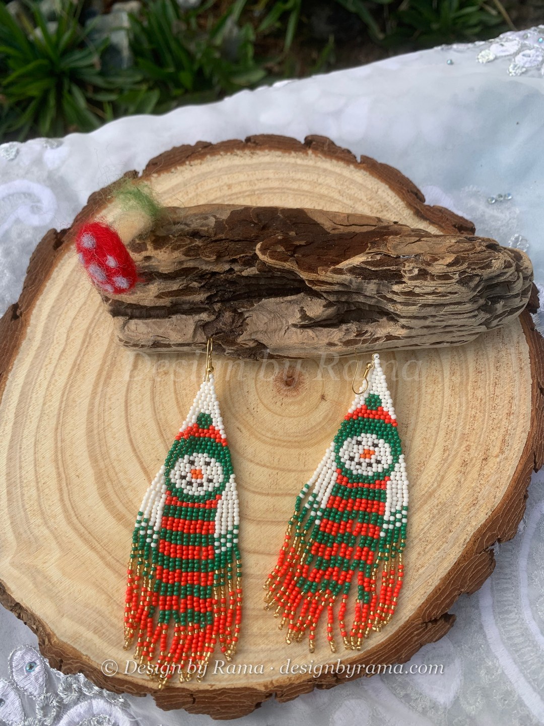 Karaga Snowman Stripe — handmade red, green, white beaded novelty earrings by Rama, Ghana glass beads, Duncan BC