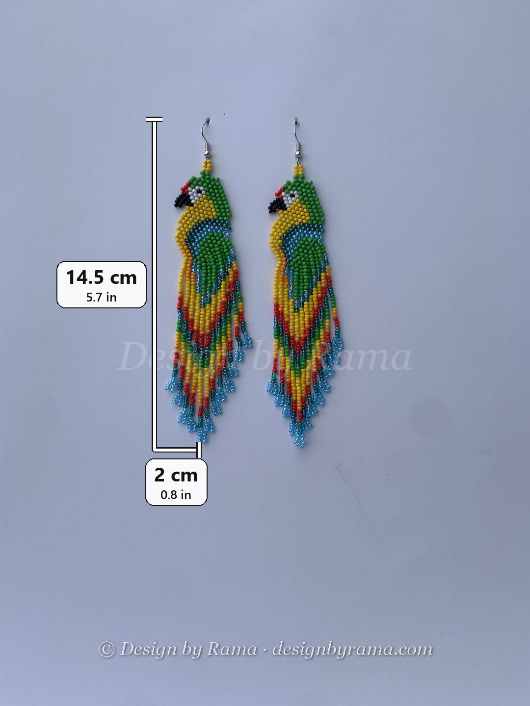 Kasoa Parrot Fringe — handmade green, yellow, blue beaded fringe earrings by Rama, Ghana glass beads, Duncan BC