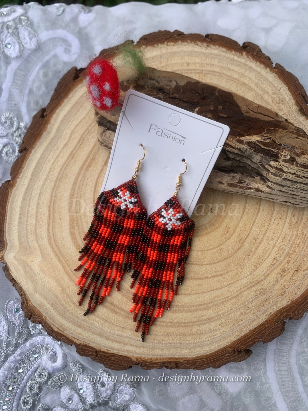 Kpetoe Plaid Snowflake Fringe — handmade red, black, white beaded fringe earrings by Rama, Ghana glass beads, Duncan BC