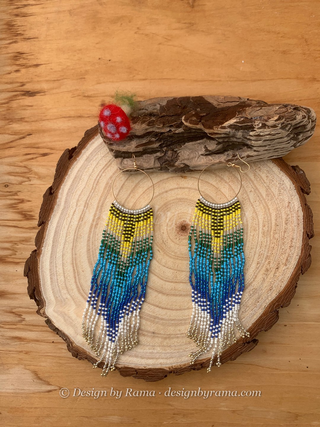 Kpeve Lagoon Chevron — handmade yellow, blue, teal, white beaded hoop earrings by Rama, Ghana glass beads, Duncan BC