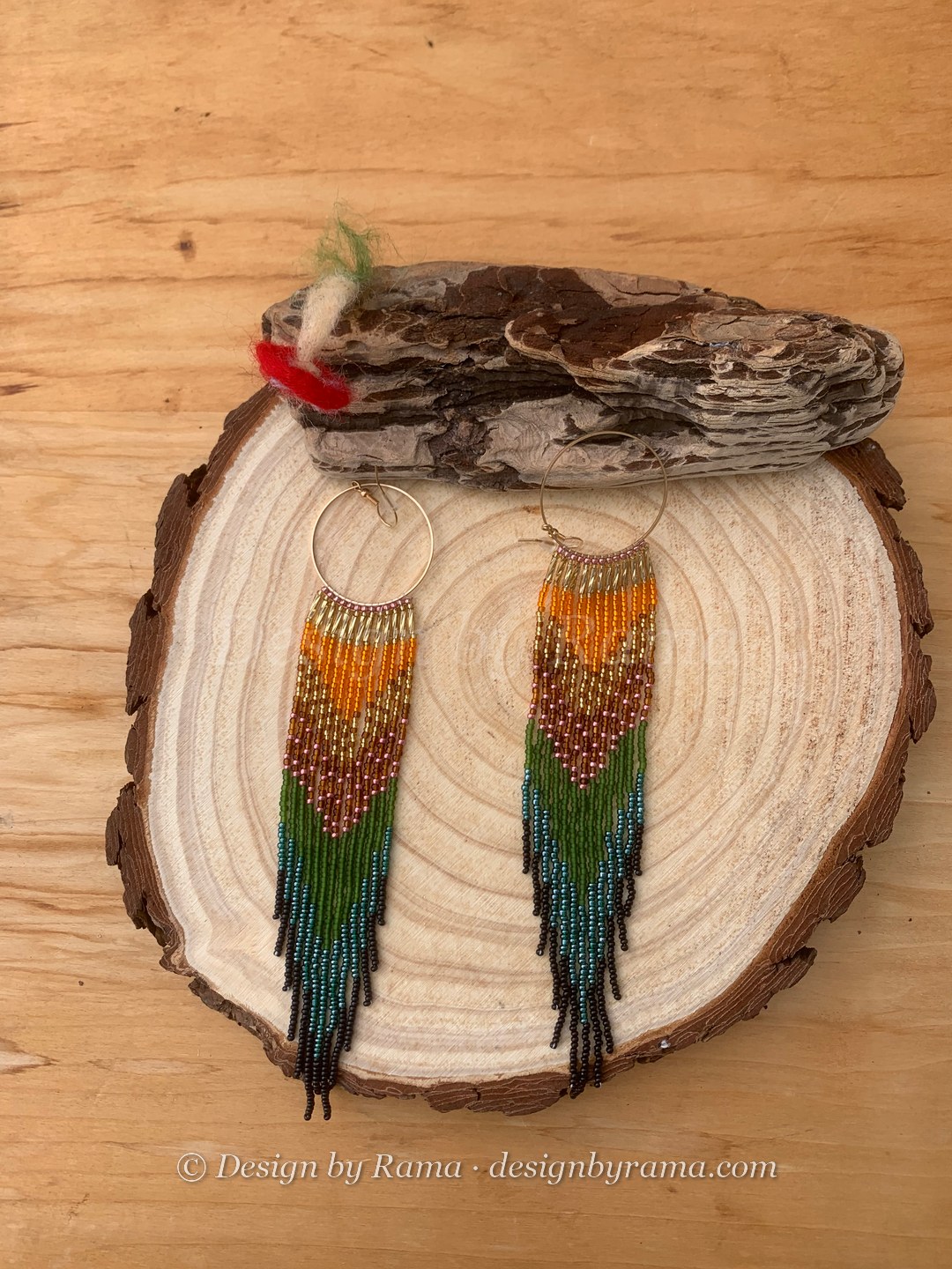 Mamfe Sunrise Hoops — handmade orange, green, teal, black beaded hoop earrings by Rama, Ghana glass beads, Duncan BC