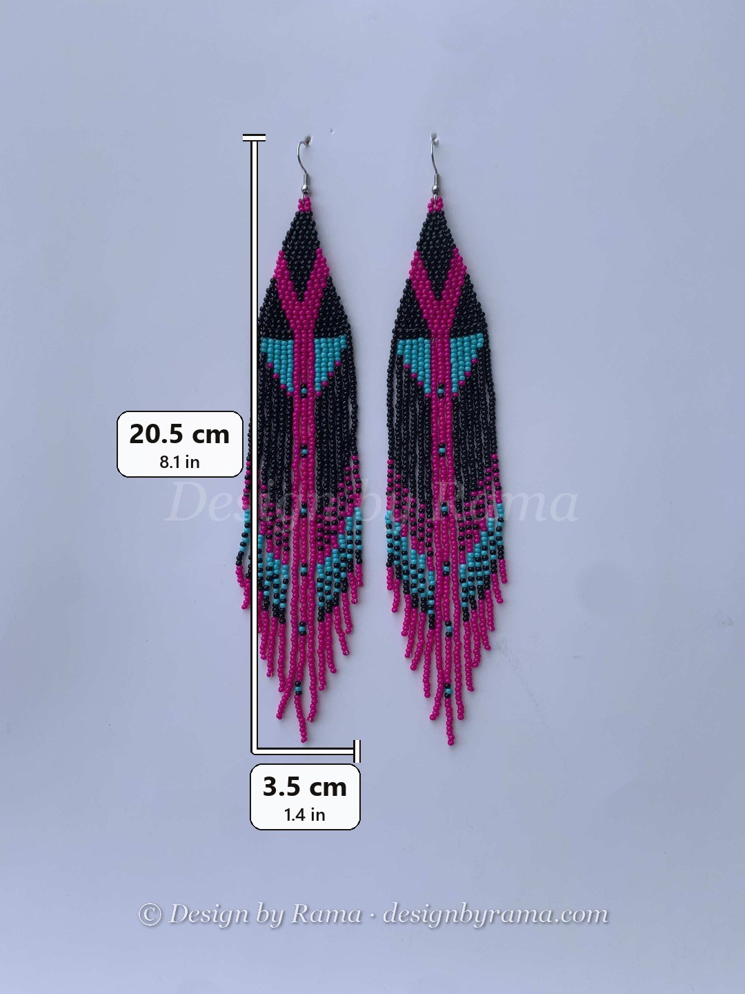 Mankessim Orchid Feather — handmade black, magenta, teal beaded fringe earrings by Rama, Ghana glass beads, Duncan BC