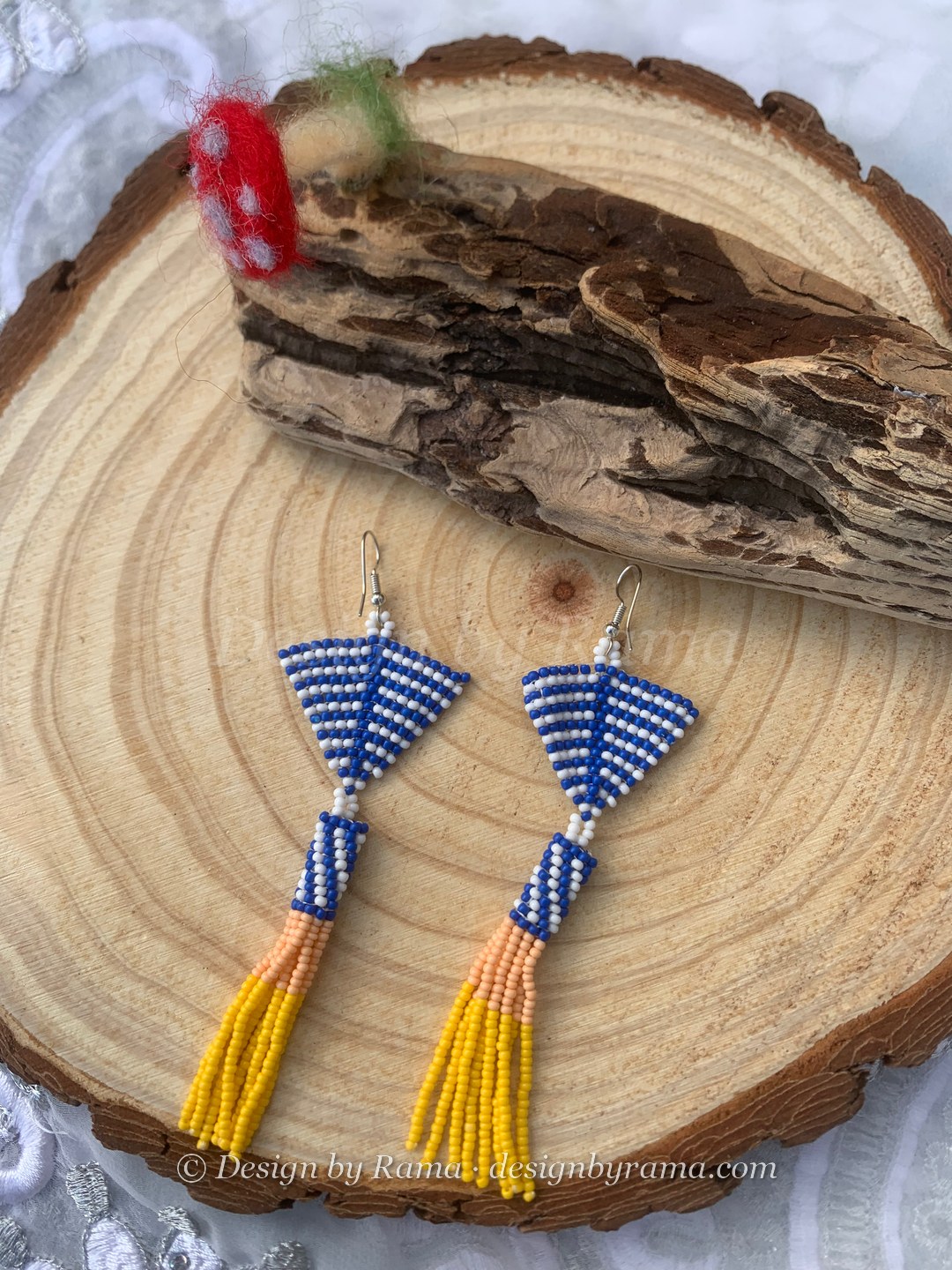 Moree Sailor Tassel — handmade blue, white, yellow, peach beaded earrings by Rama, Ghana glass beads, Duncan BC