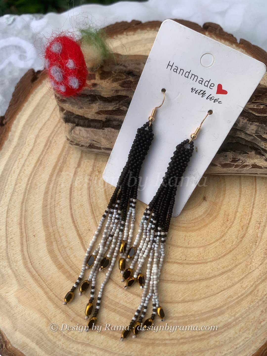 Mumford Night Drop Fringe — handmade black, white, silver, gold beaded long earrings by Rama, Ghana glass beads, Duncan BC