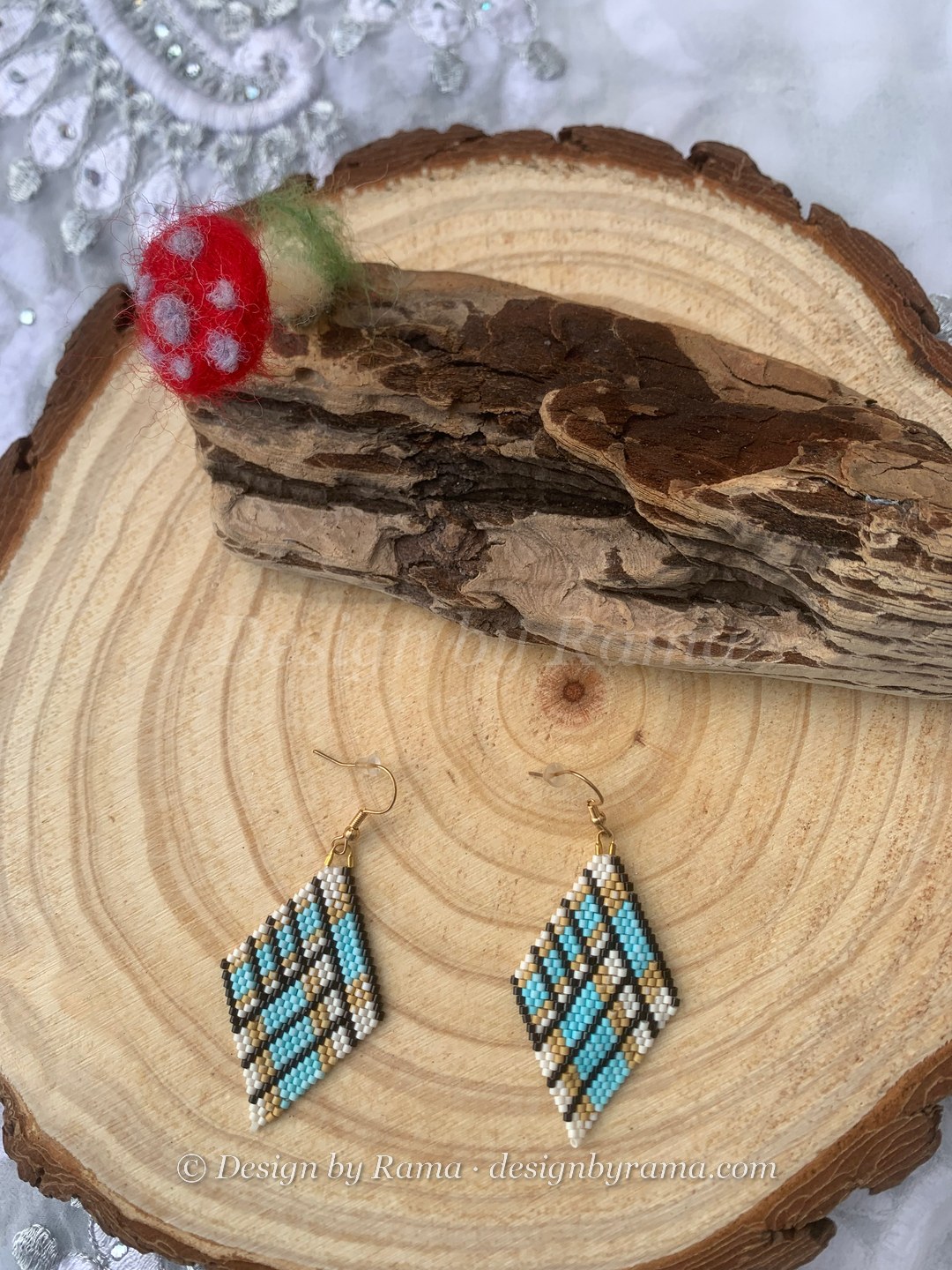 Ningo Sky Plaid Diamonds — handmade light blue, black, white beaded earrings by Rama, Ghana glass beads, Duncan BC