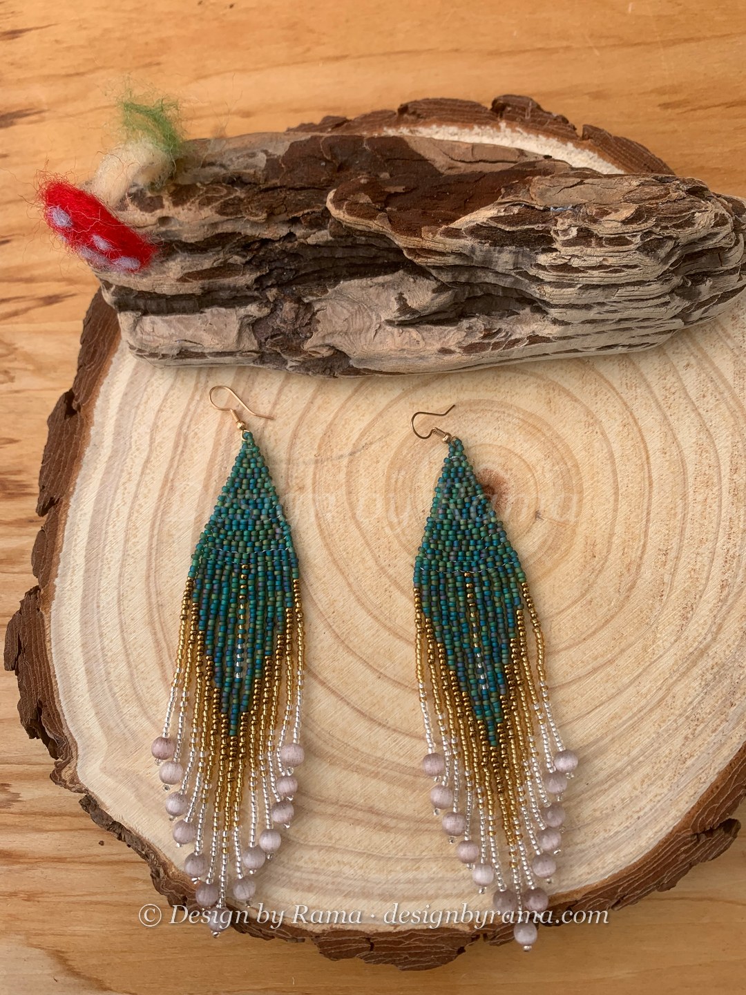 Nkurakan Teal Pearl Fringe — handmade teal, gold, pearl grey beaded fringe earrings by Rama, Ghana glass beads, Duncan BC